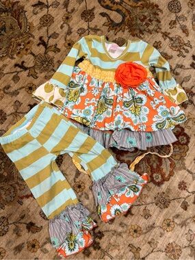 Giggle Moon Orange Aqua Gold Floral Layered Dress & Striped Pants Set
